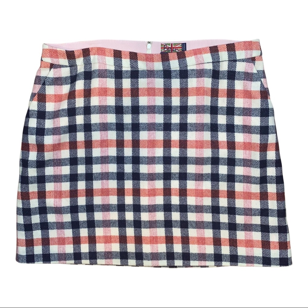 Boden 100% Wool Blue Pink Red and Cream Plaid Skirt With Pockets